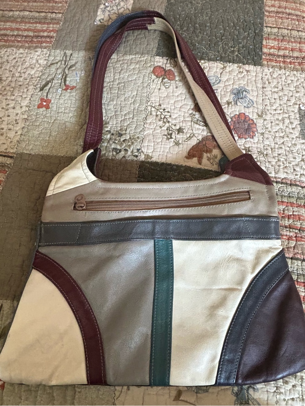Multi-Color Genuine Leather Mexico Panel Shoulder Bag - Cream, Gray & Burgundy
